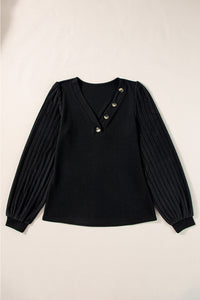 Black Buttoned V Neck Ribbed Puff Sleeve Top