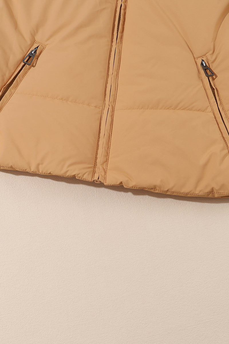 Brown Zip Up Pocketed Puffer Jacket