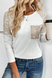 White Sequin Patch Chest Pocket Raglan Sleeve Top