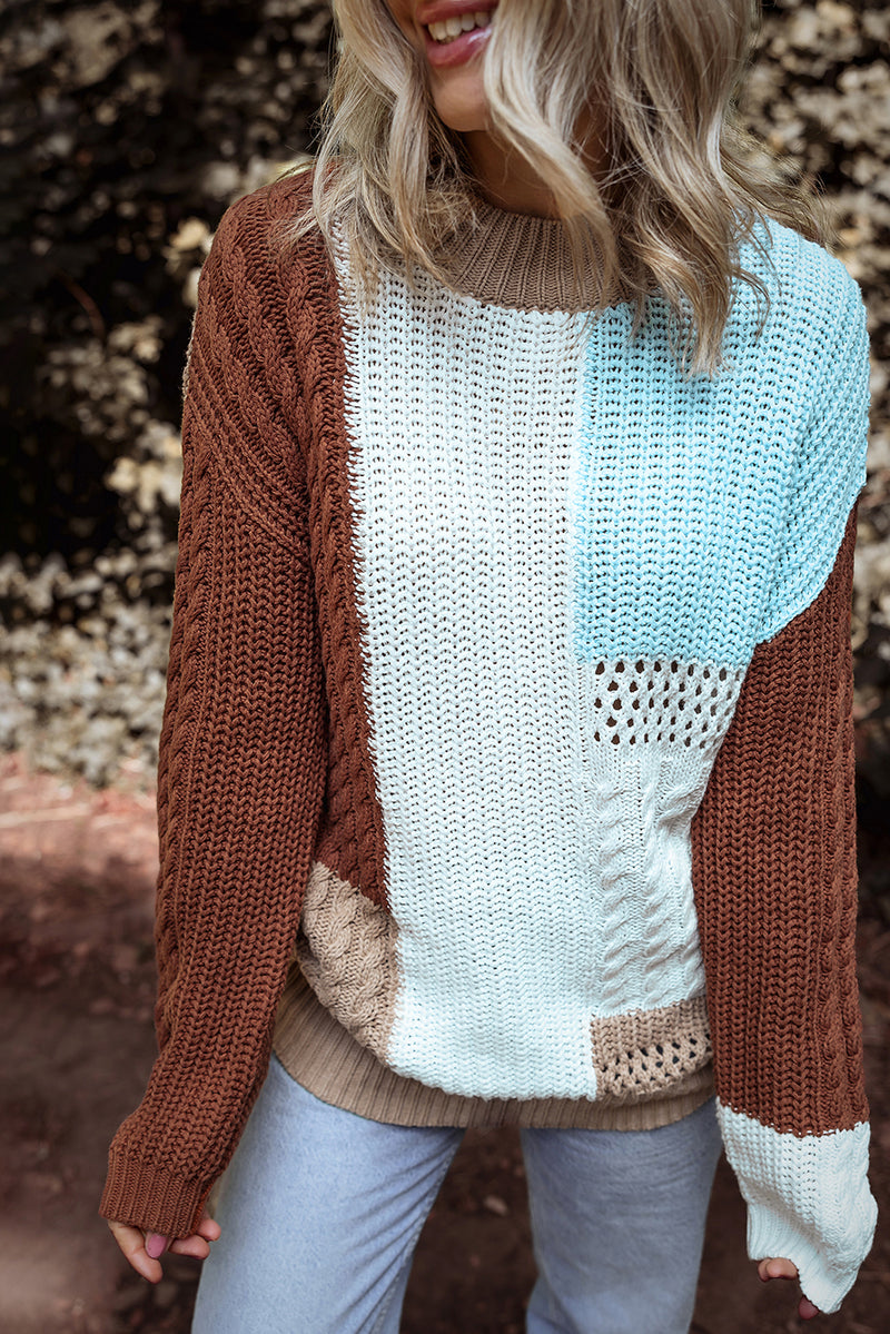 Khaki Mix Textured Knit Colorblock Patchwork Sweater