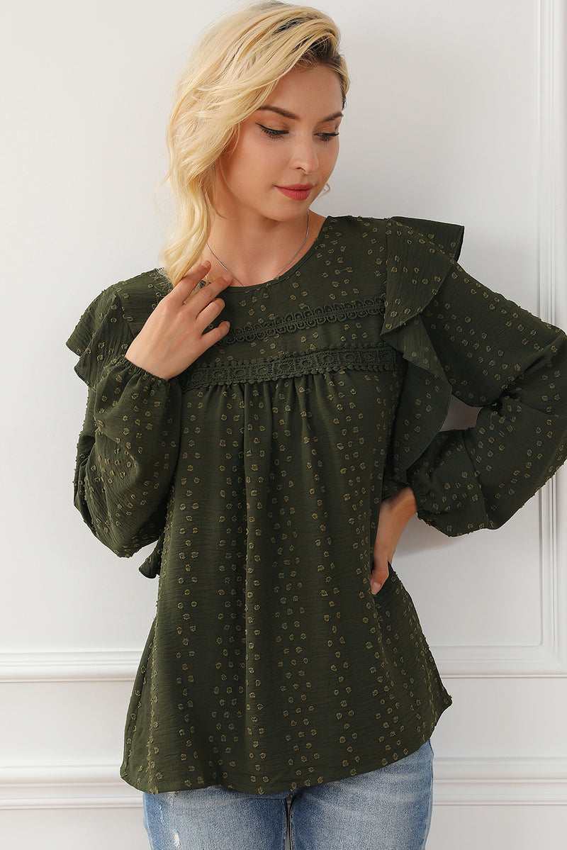 Blackish Green Lace Eyelet Ruffle Shoulder Long Sleeve Blouse