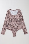 Smoke Gray Leopard Print Long Sleeve Scoop Neck Slim Fit Bodysuit