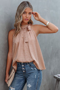 Pink Sleeveless Tie Mock Neck Leopard Tank Top