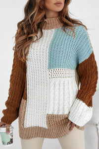 Khaki Mix Textured Knit Colorblock Patchwork Sweater