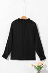 Black Frilled Mock Neck Ripple Bubble Sleeve Blouse