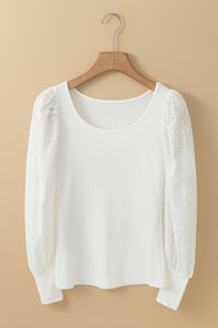 White Flower Puff Sleeve Ribbed Knit Top