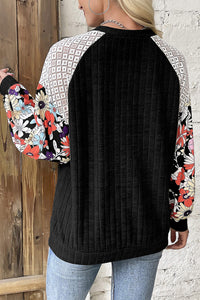 Black Floral Patchwork Long Sleeve Ribbed Blouse