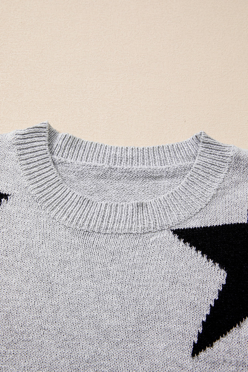 Gray Star Pattern Drop Shoulder Sweater