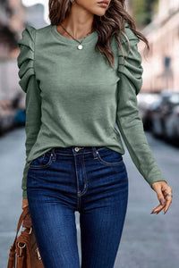 Green Buttoned Puff Long Sleeve Sheath Top