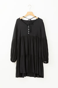 Black Lace Puff Sleeve Buttoned Tiered Ruffled Mini Dress