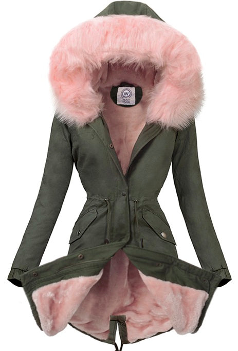 PARKA STRIUKĖ KAKI SU RAUDŽIU KAILIU HANNE